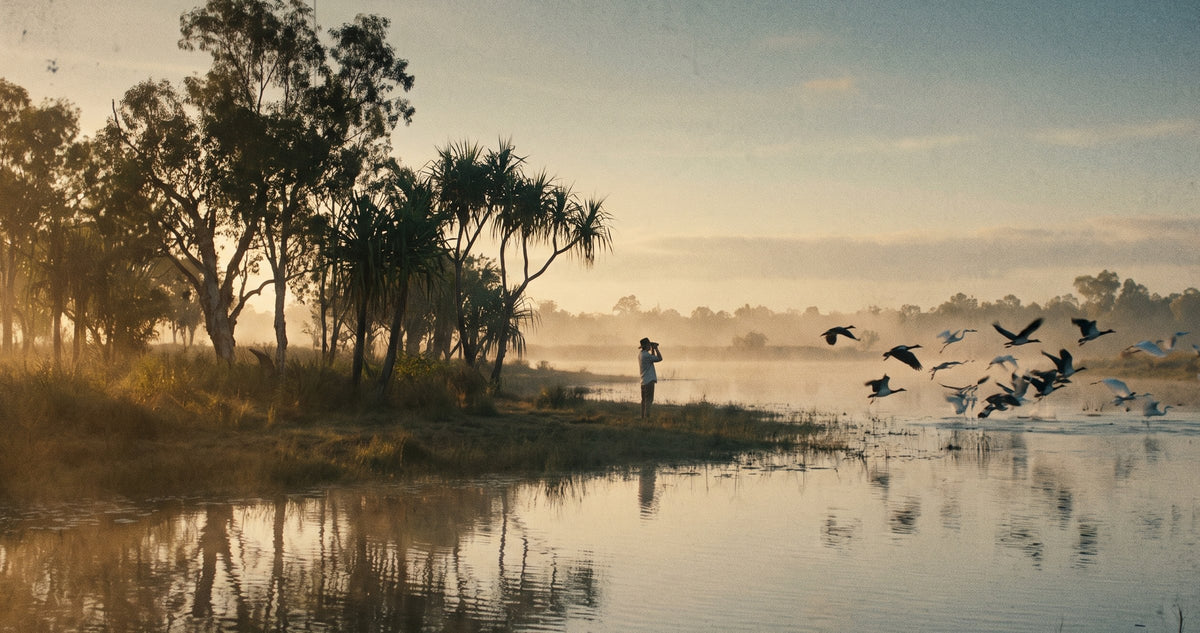 A watcher with binoculars as birds lift off a misty northern floodplain at dawn